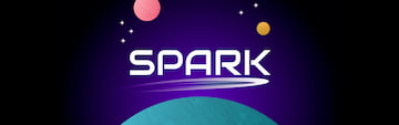 The Spark logotype on a dark-purple background surrounded by little, colorful planets and some stars.