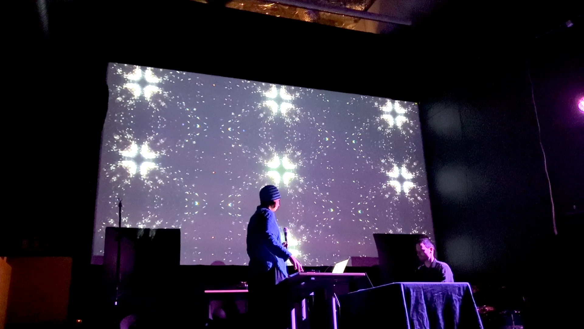 Kaleidoscopic effect creating patterns from the moving stars (3 by 3 grid).